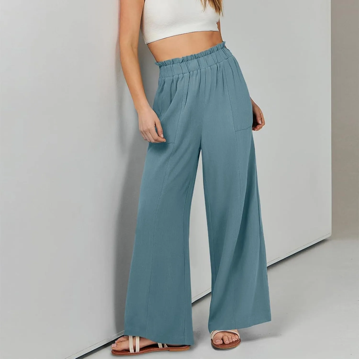 Palazzo Linen Pants for Women Elastic High Waisted Wide Leg Pants Flowy Lounge Pants Summer Beach Pants with Pockets