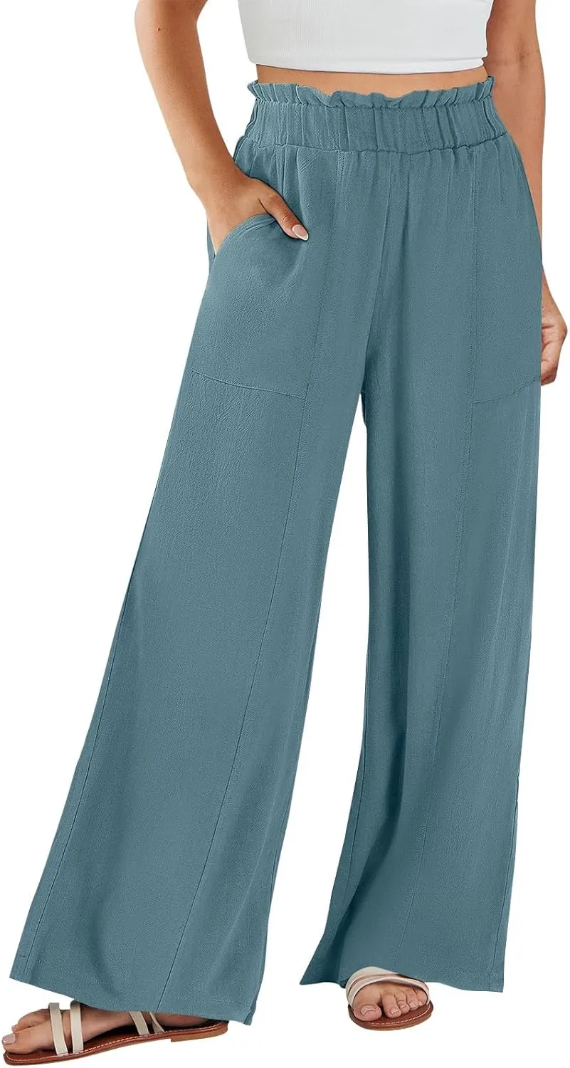 Palazzo Linen Pants for Women Elastic High Waisted Wide Leg Pants Flowy Lounge Pants Summer Beach Pants with Pockets