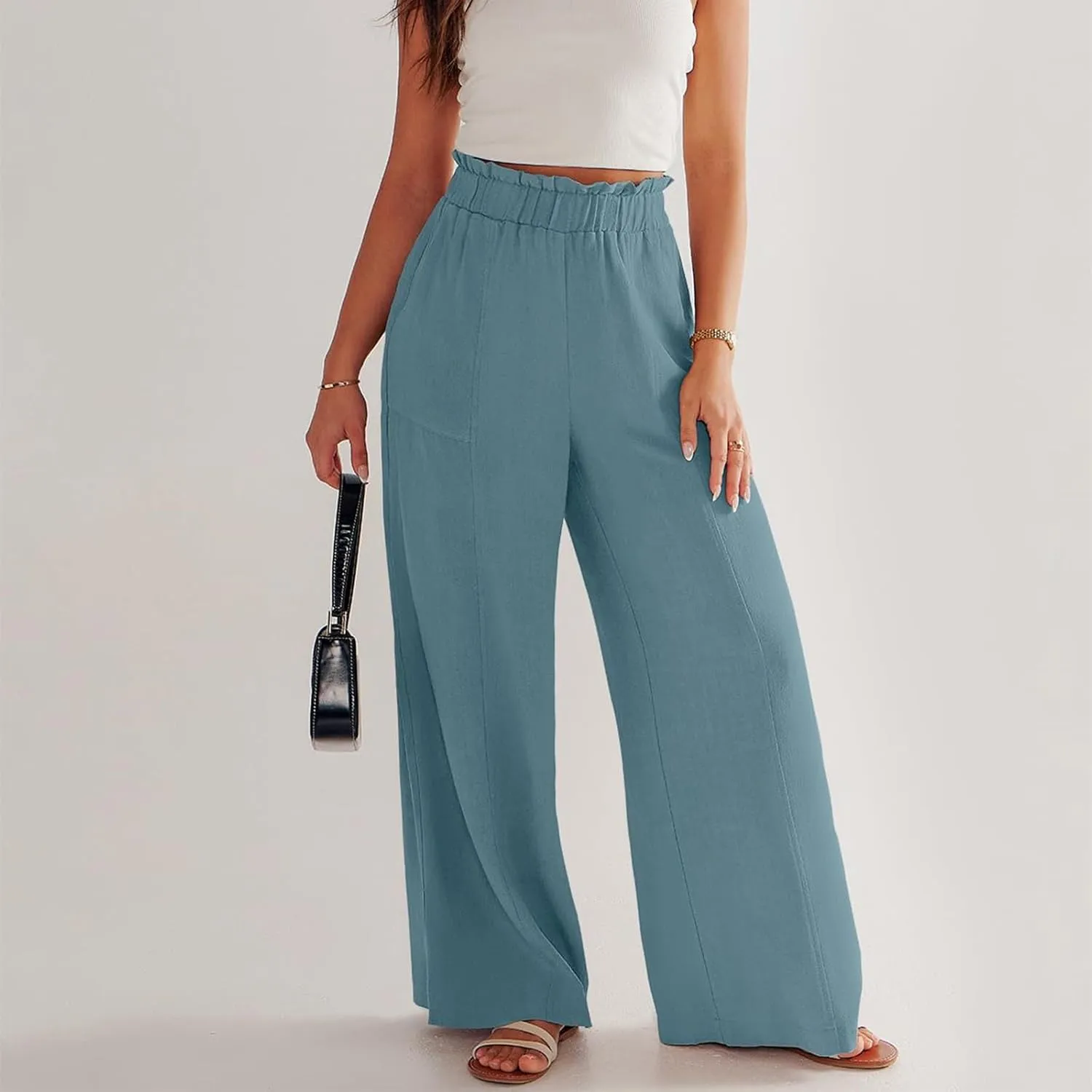 Palazzo Linen Pants for Women Elastic High Waisted Wide Leg Pants Flowy Lounge Pants Summer Beach Pants with Pockets