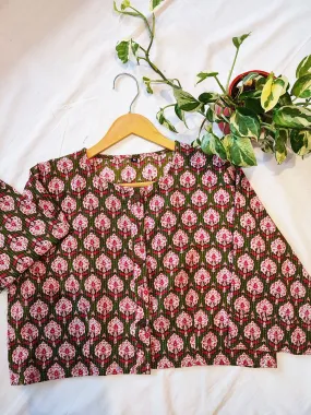 Pink & Green Cotton Handblock Printed Contemporary Blouse/ Crop Top