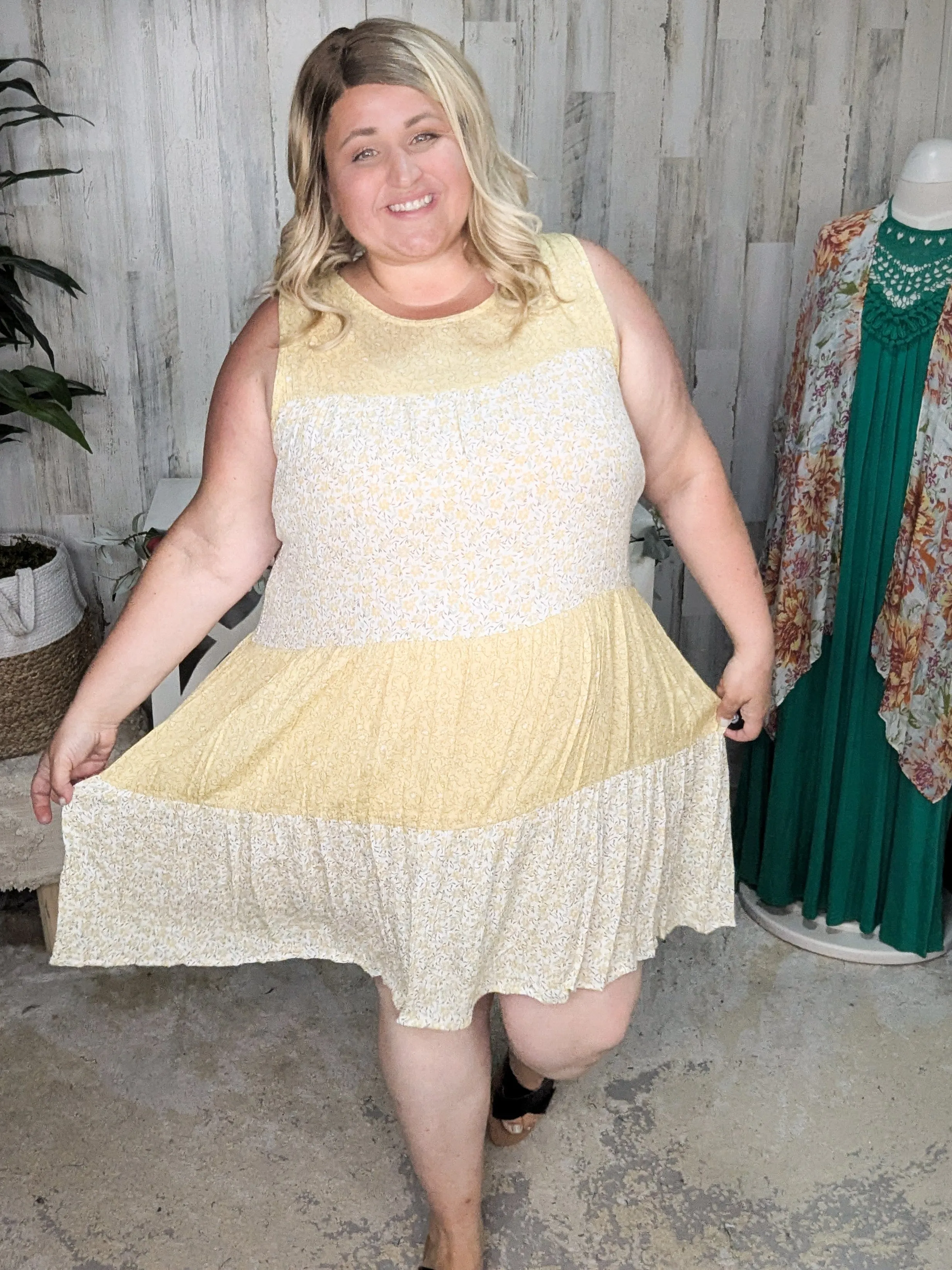 SALE- Kat Floral Tiered Tank Dress in Garden Gala Yellow