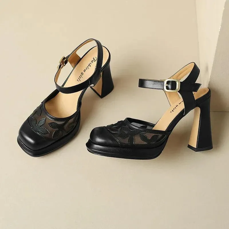 Sandals Women Sandals Leather Flower High Heels