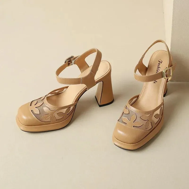 Sandals Women Sandals Leather Flower High Heels