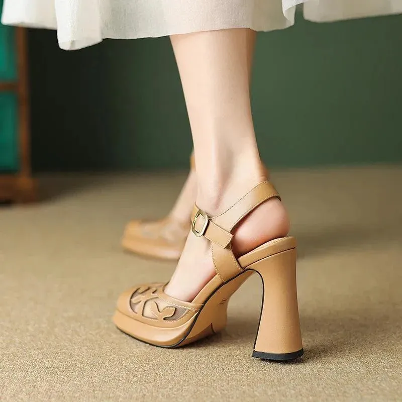 Sandals Women Sandals Leather Flower High Heels