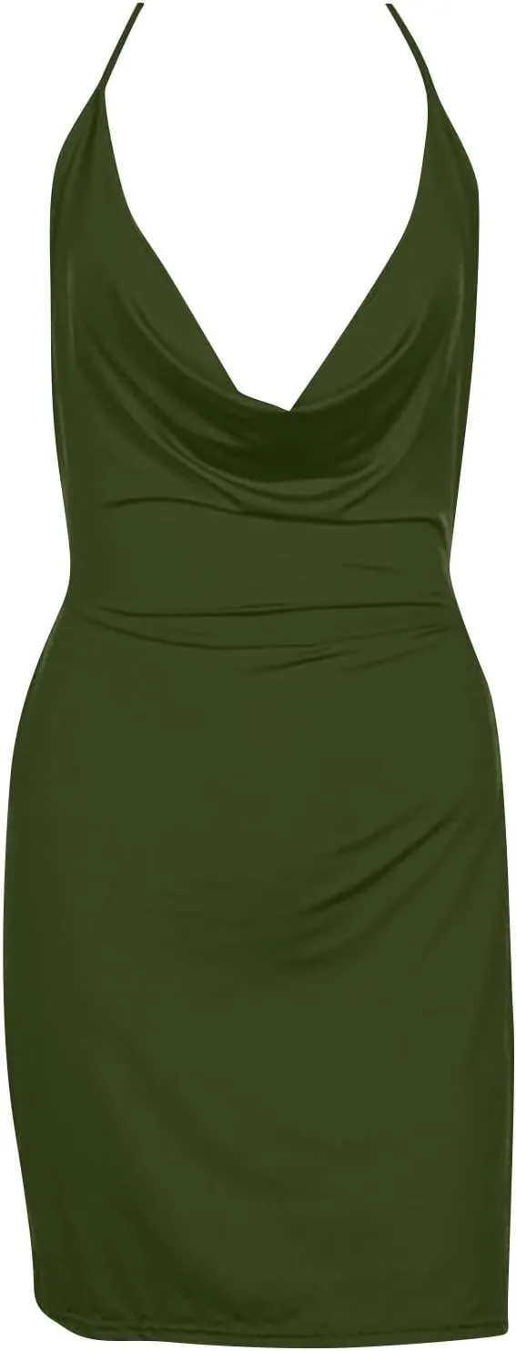 Sexy Halter Mini Dress for Women Deep V Neck Backless High Slit Club Dress Summer Party Bodycon Ruched Dresses