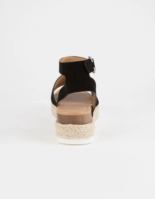 Soda Topic Open Toe Buckle Ankle Strap Espadrilles Flatform Wedge Casual Sandal (8.5, Black)