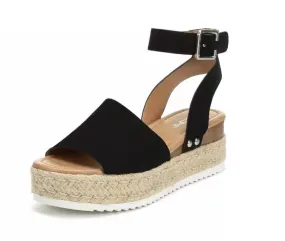 Soda Topic Open Toe Buckle Ankle Strap Espadrilles Flatform Wedge Casual Sandal (8.5, Black)