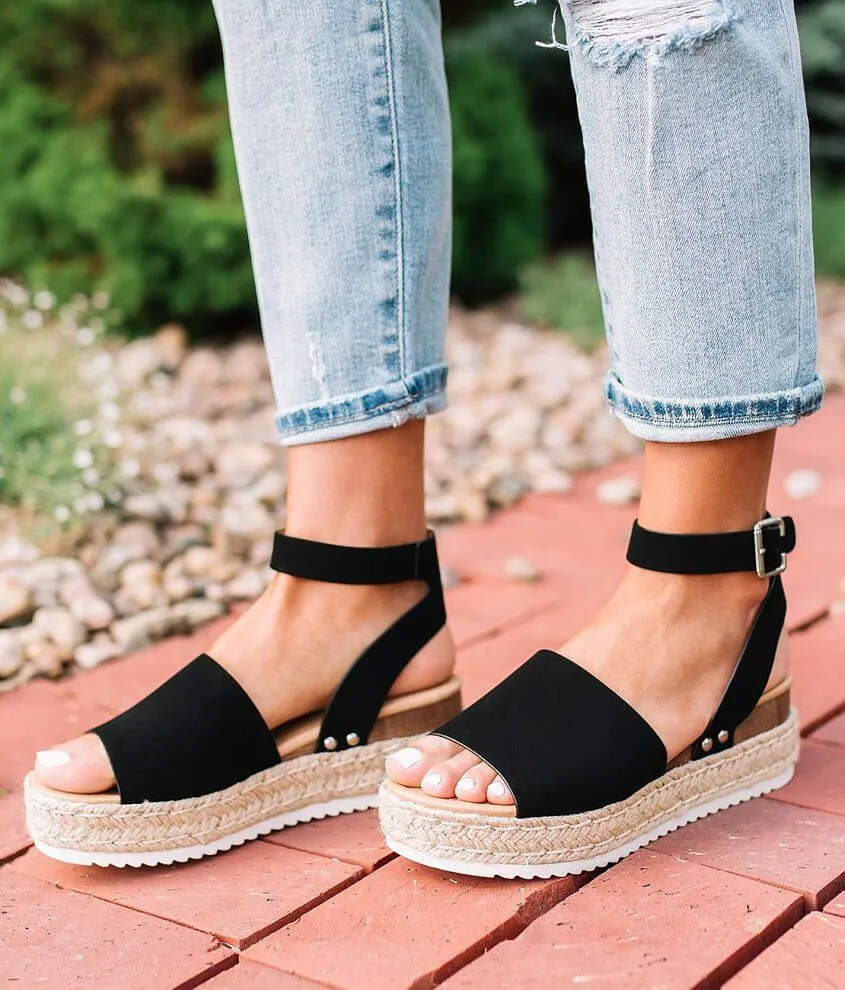Soda Topic Open Toe Buckle Ankle Strap Espadrilles Flatform Wedge Casual Sandal (8.5, Black)