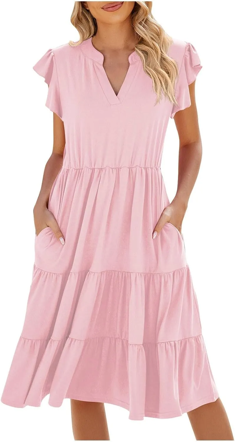 Summer Dresses for Women Ruffle Sleeve Midi Dress Boho V Neck Flowy Tiered Dress Flowy Vacation Sundress with Pockets