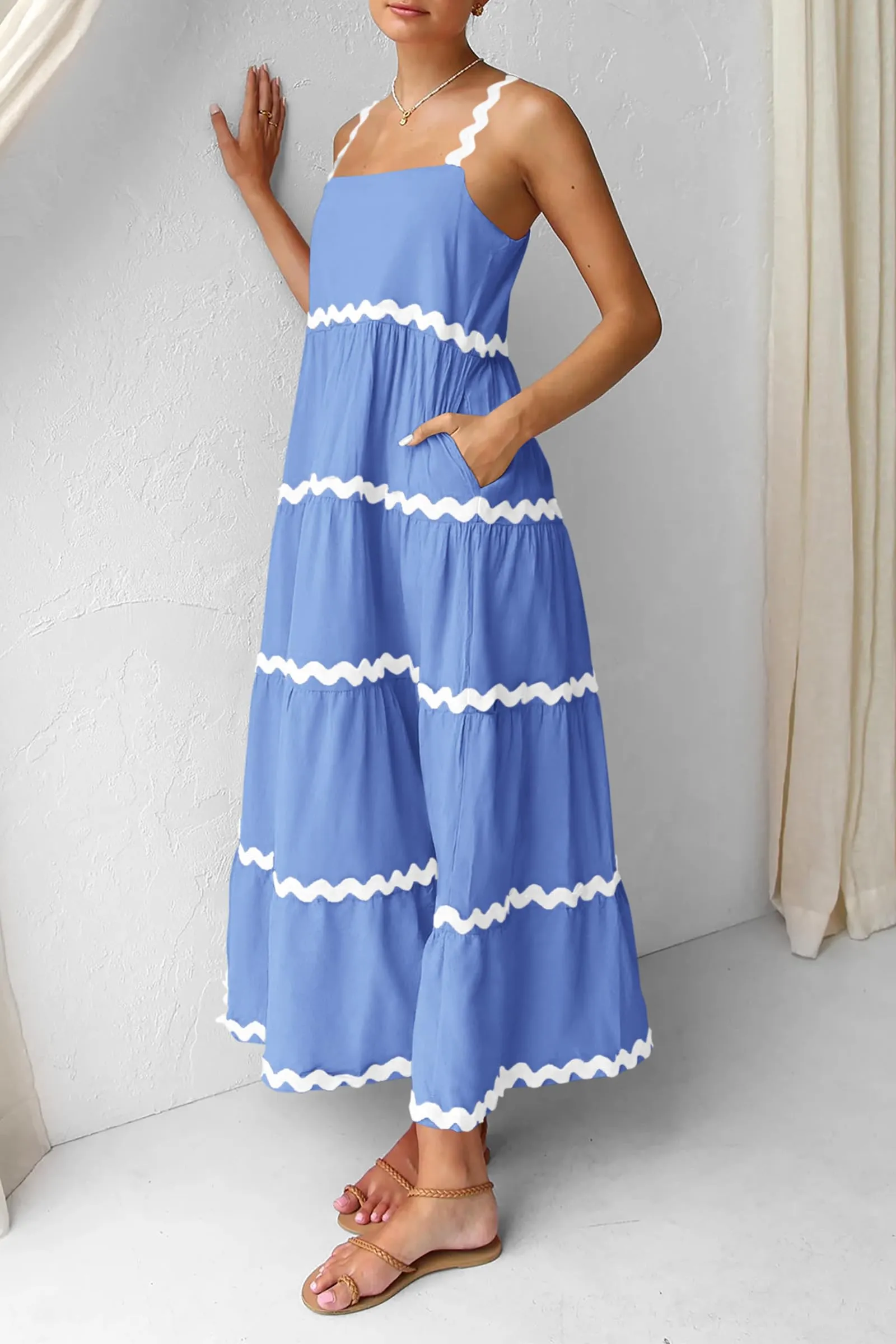 Summer Maxi Sundress Spaghetti Strap Rickrack Ruffle Flowy Boho Casual Beach Vacation Long Dresses