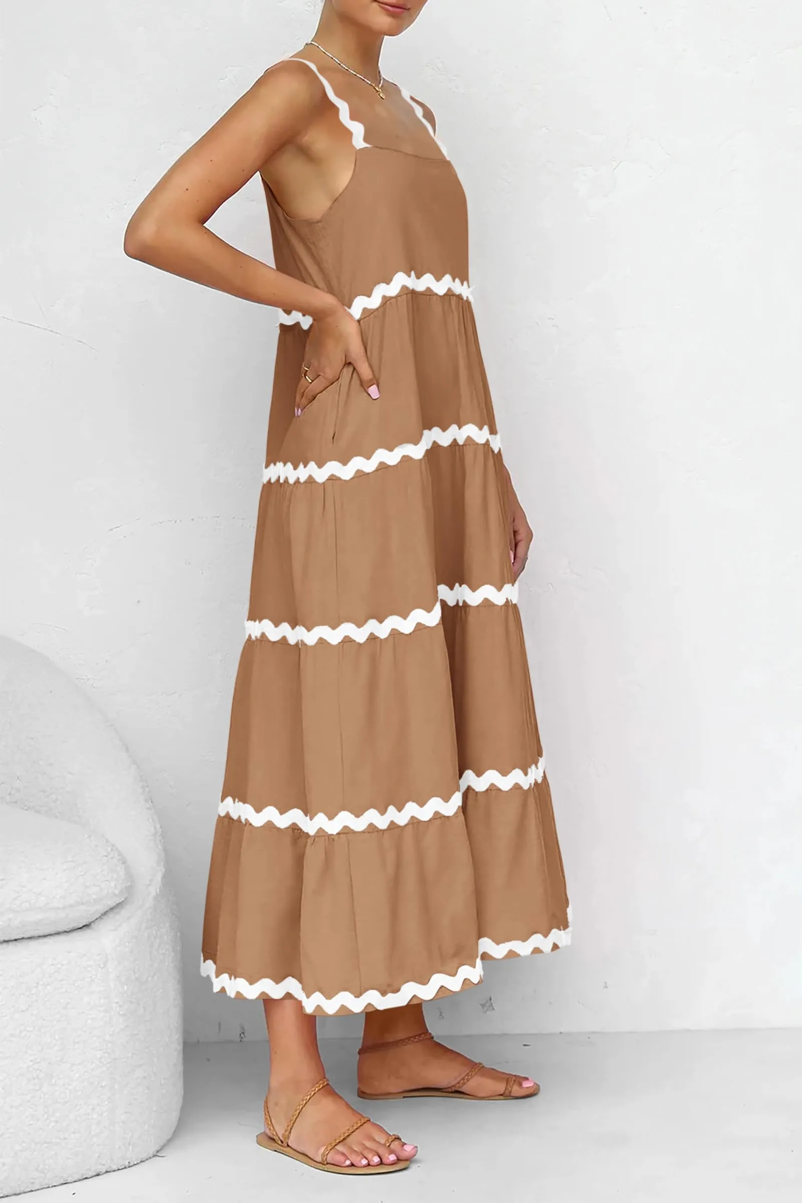 Summer Maxi Sundress Spaghetti Strap Rickrack Ruffle Flowy Boho Casual Beach Vacation Long Dresses