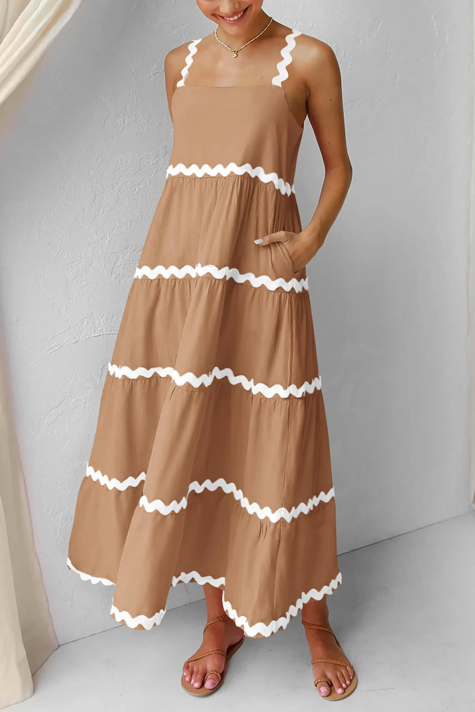 Summer Maxi Sundress Spaghetti Strap Rickrack Ruffle Flowy Boho Casual Beach Vacation Long Dresses