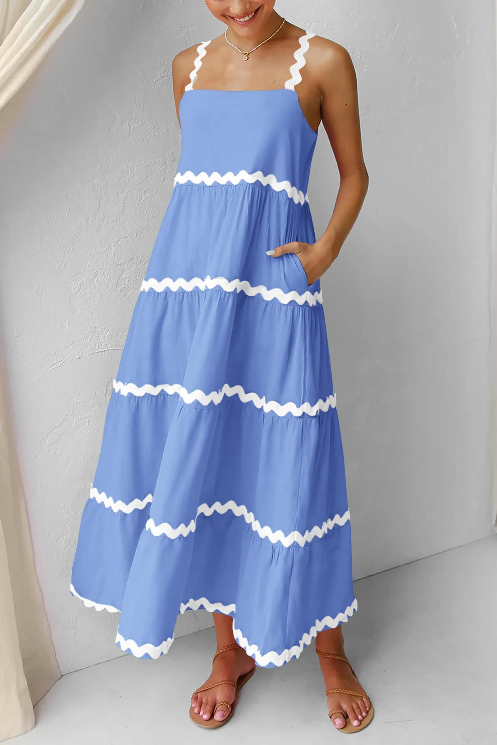 Summer Maxi Sundress Spaghetti Strap Rickrack Ruffle Flowy Boho Casual Beach Vacation Long Dresses