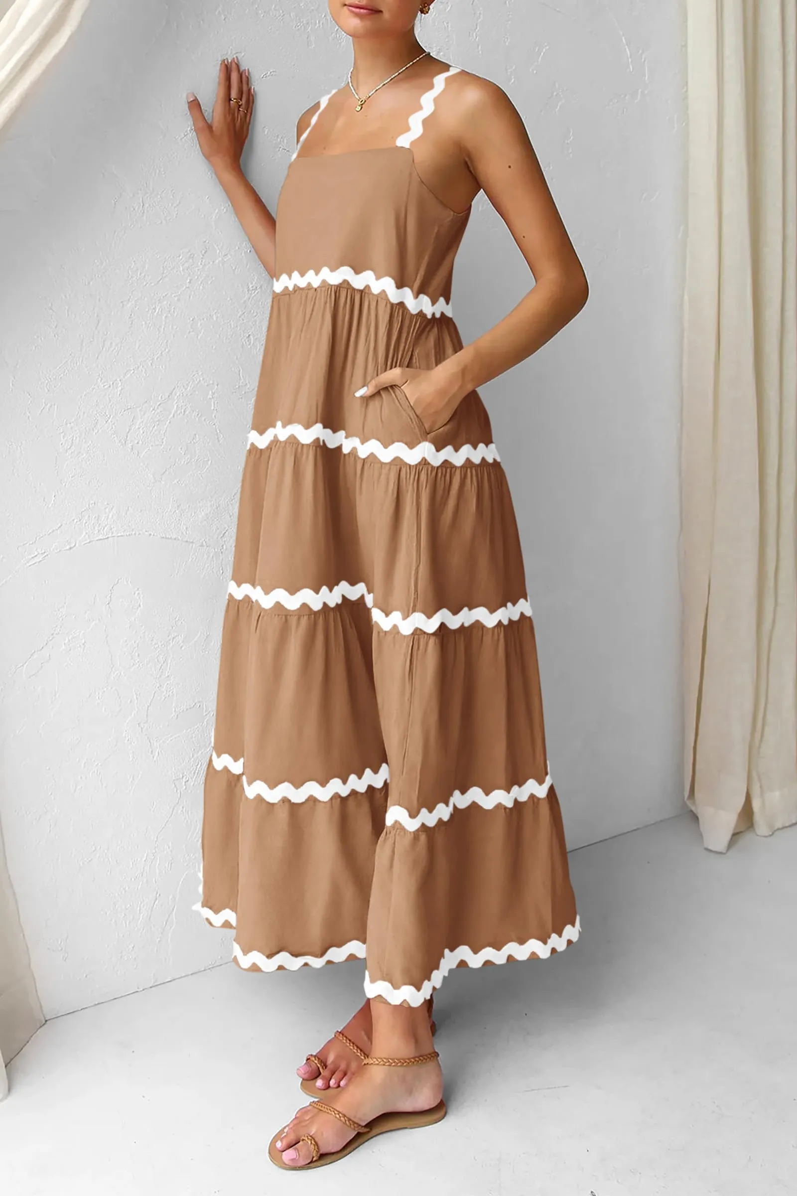 Summer Maxi Sundress Spaghetti Strap Rickrack Ruffle Flowy Boho Casual Beach Vacation Long Dresses