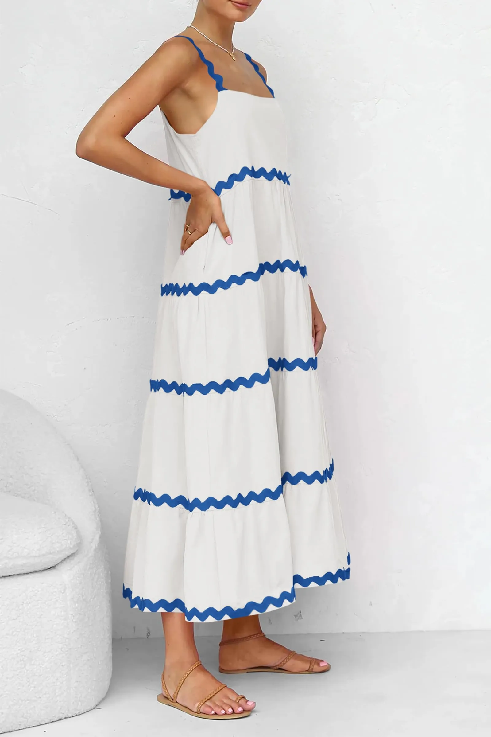 Summer Maxi Sundress Spaghetti Strap Rickrack Ruffle Flowy Boho Casual Beach Vacation Long Dresses