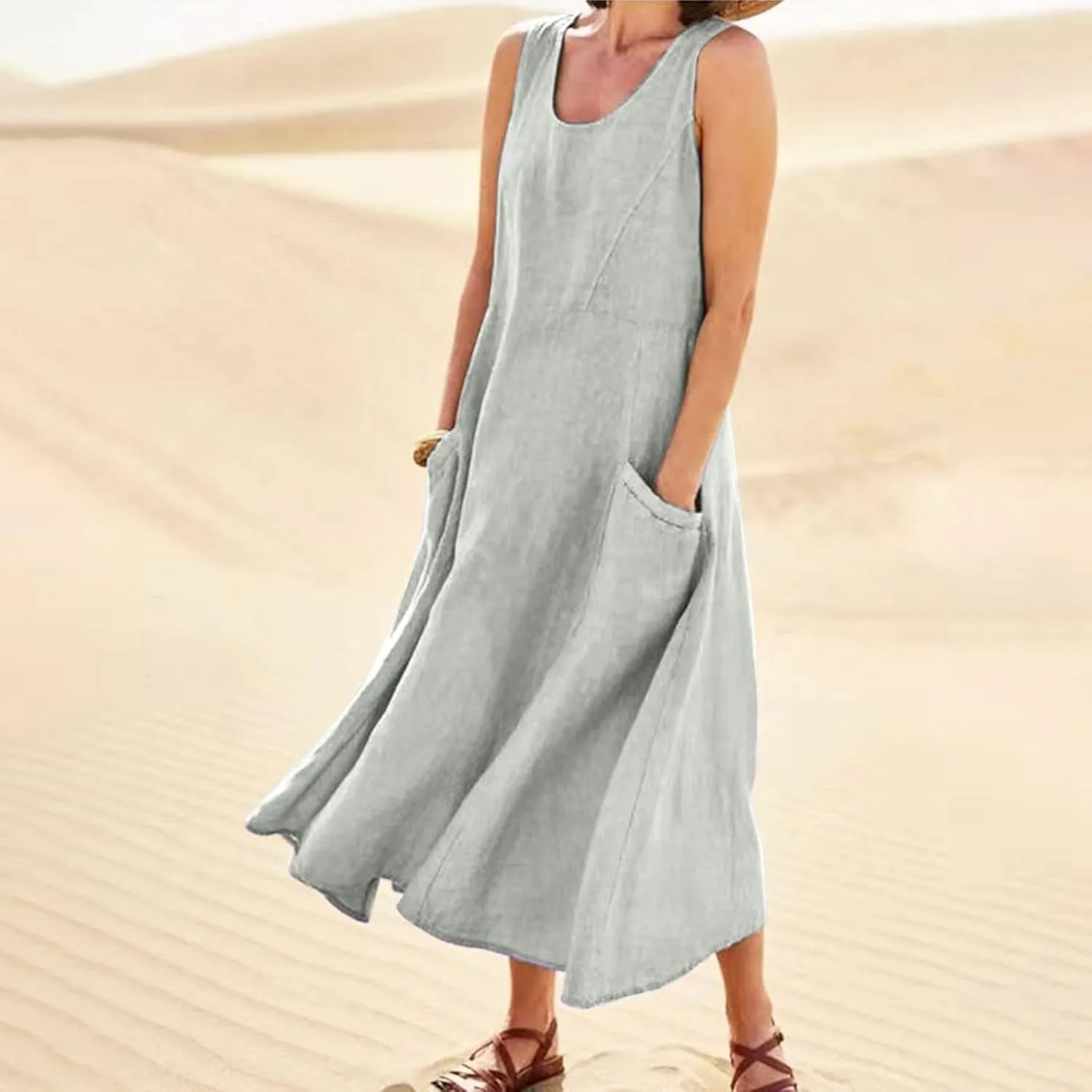 Sundresses for Women 2024 Casual Cotton Linen Maxi Dresses with Pockets Loose Solid Sun Dress Plus Size Summer Dress
