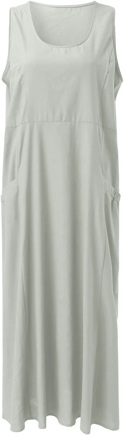 Sundresses for Women 2024 Casual Cotton Linen Maxi Dresses with Pockets Loose Solid Sun Dress Plus Size Summer Dress