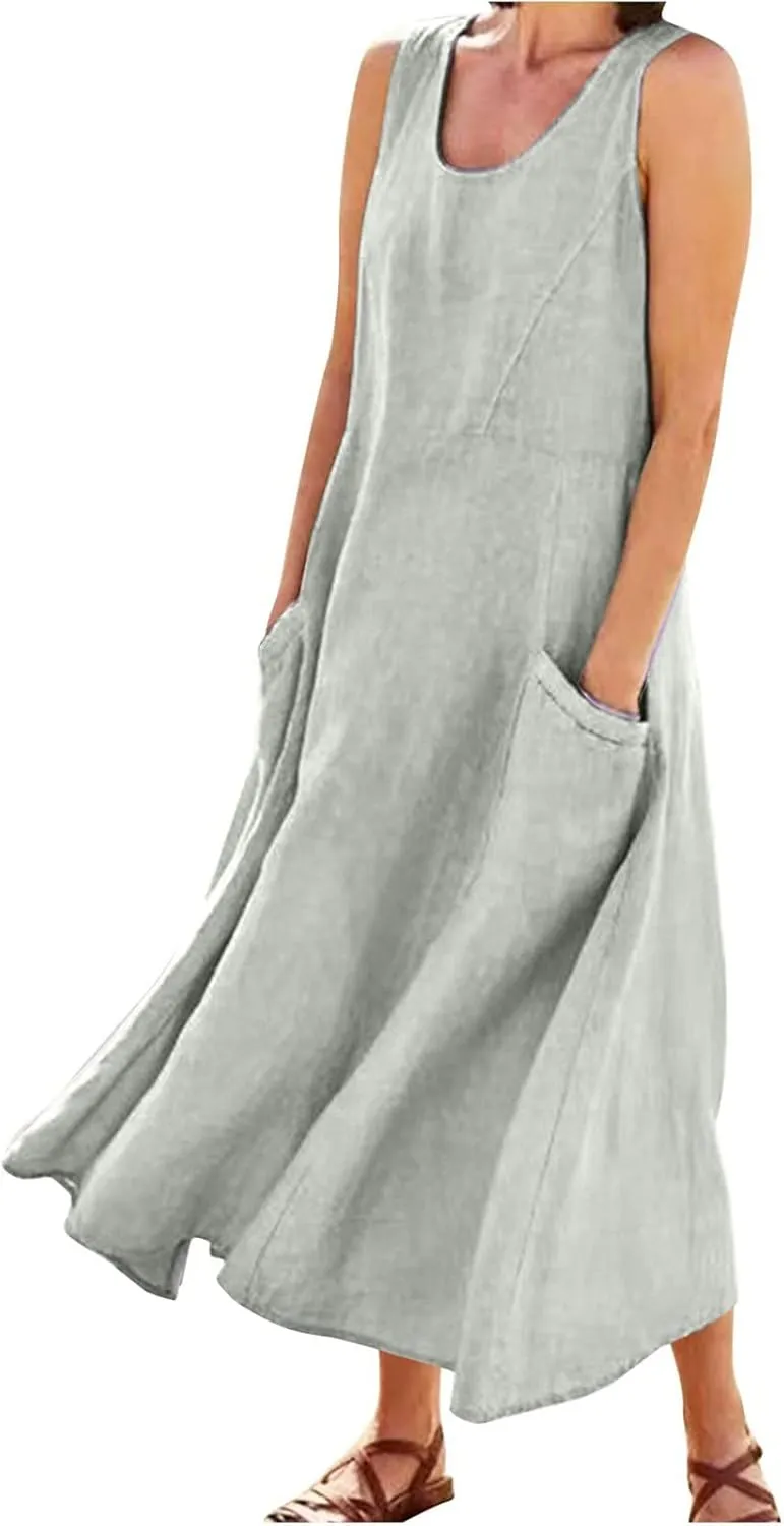 Sundresses for Women 2024 Casual Cotton Linen Maxi Dresses with Pockets Loose Solid Sun Dress Plus Size Summer Dress