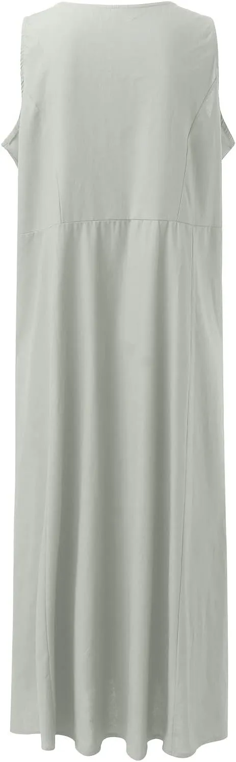 Sundresses for Women 2024 Casual Cotton Linen Maxi Dresses with Pockets Loose Solid Sun Dress Plus Size Summer Dress