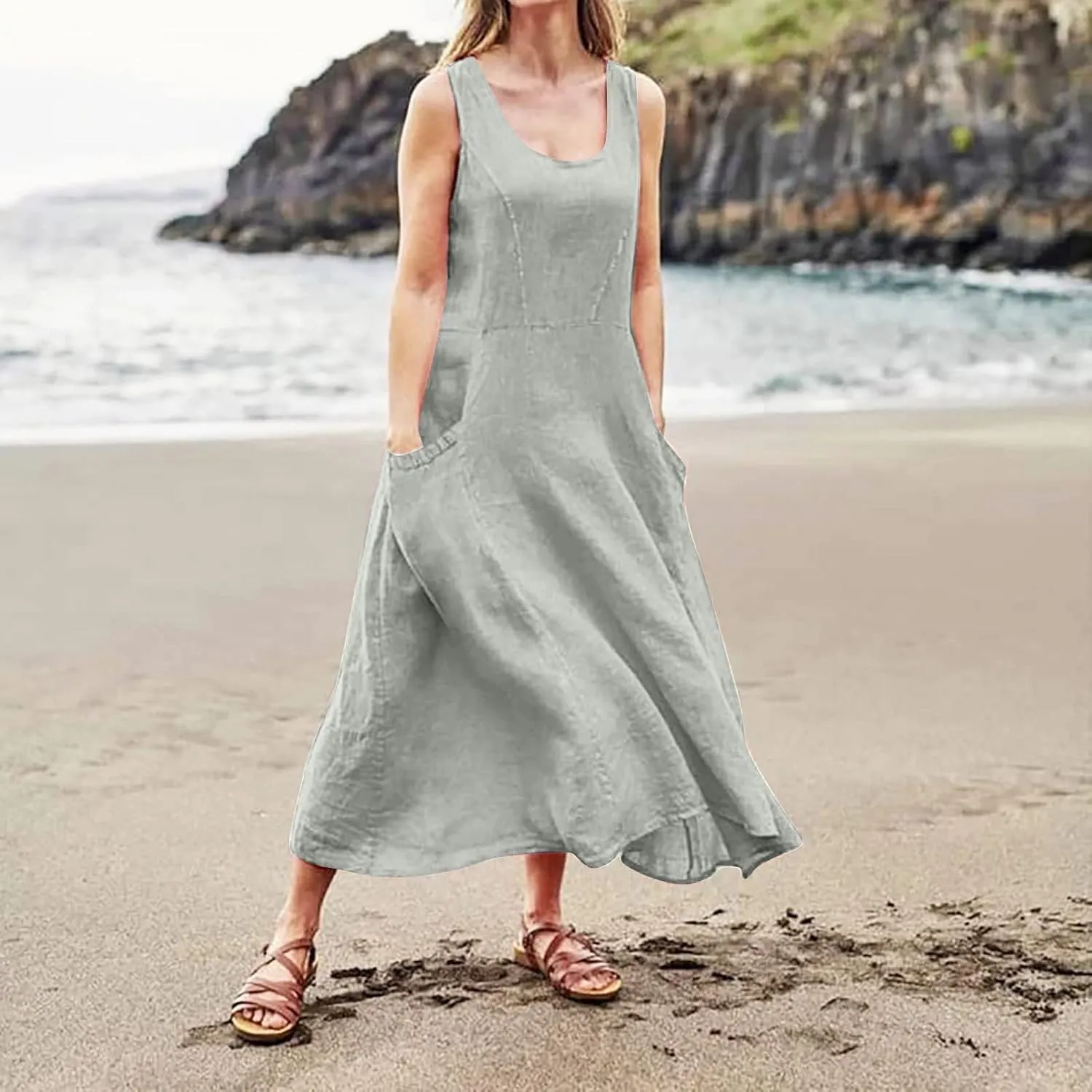 Sundresses for Women 2024 Casual Cotton Linen Maxi Dresses with Pockets Loose Solid Sun Dress Plus Size Summer Dress