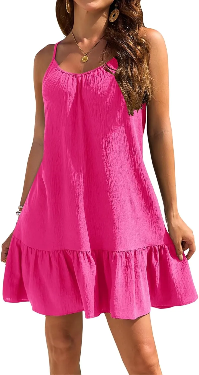 Vacation Dresses for Women Spaghetti Strap Backless Short Dress Sleeveless Ruffle Hem Flowy Dresses