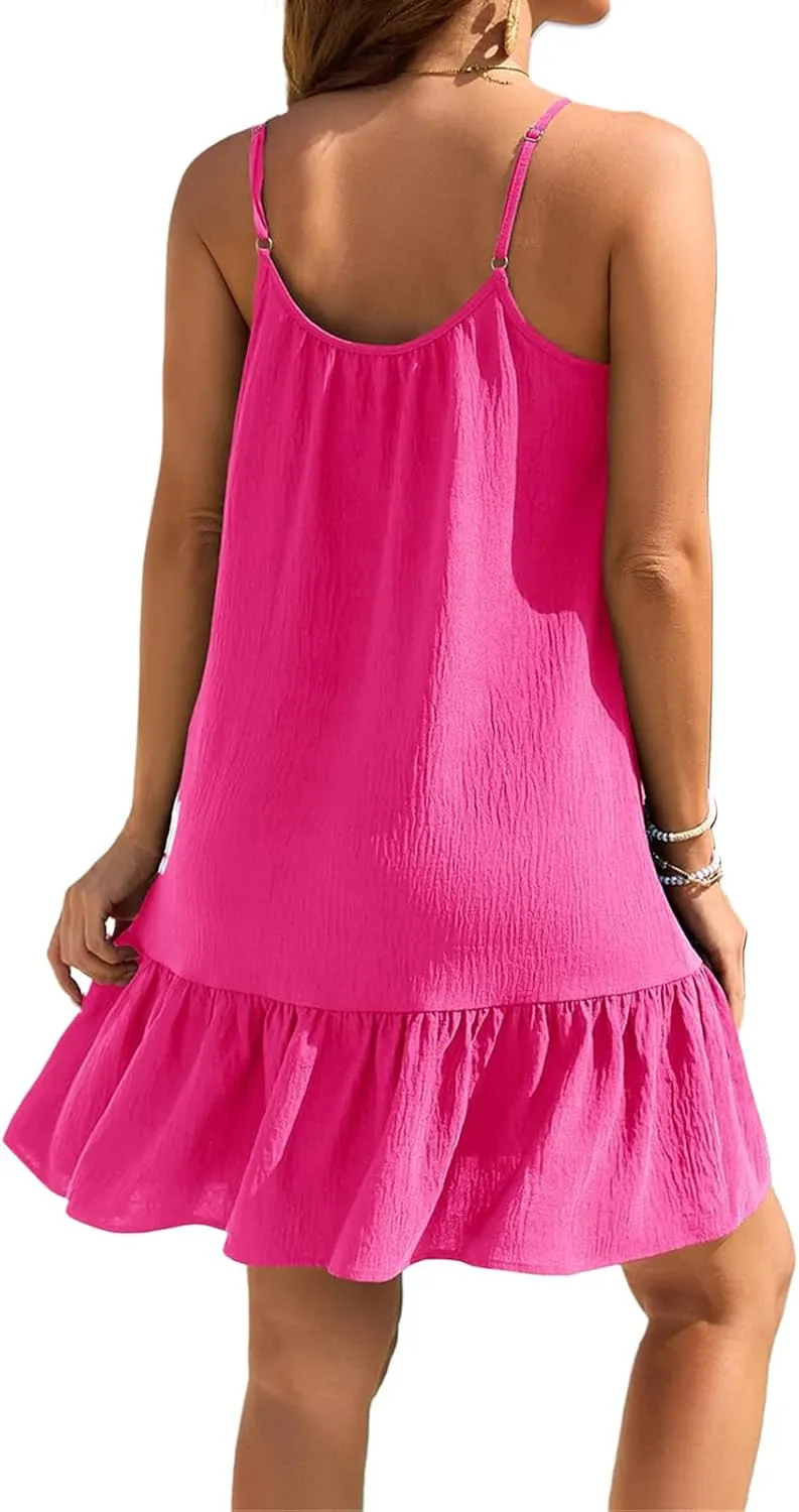 Vacation Dresses for Women Spaghetti Strap Backless Short Dress Sleeveless Ruffle Hem Flowy Dresses