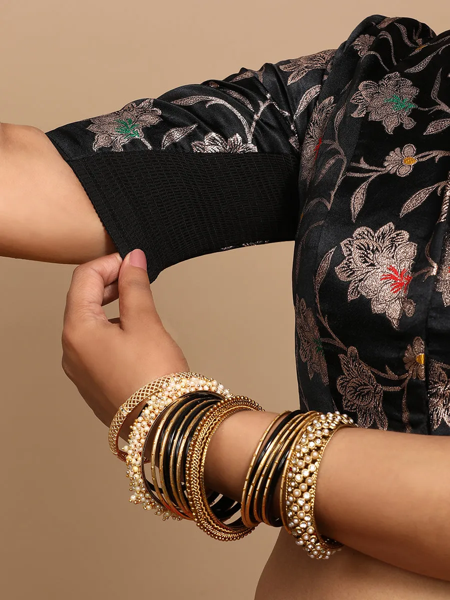 Vani x Tyohaar | Elbow Sleeves Satin Viscose Saree Blouse in Black Meenakari Fabric