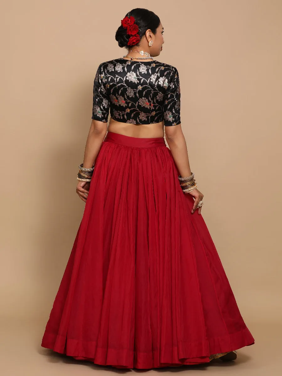 Vani x Tyohaar | Elbow Sleeves Satin Viscose Saree Blouse in Black Meenakari Fabric