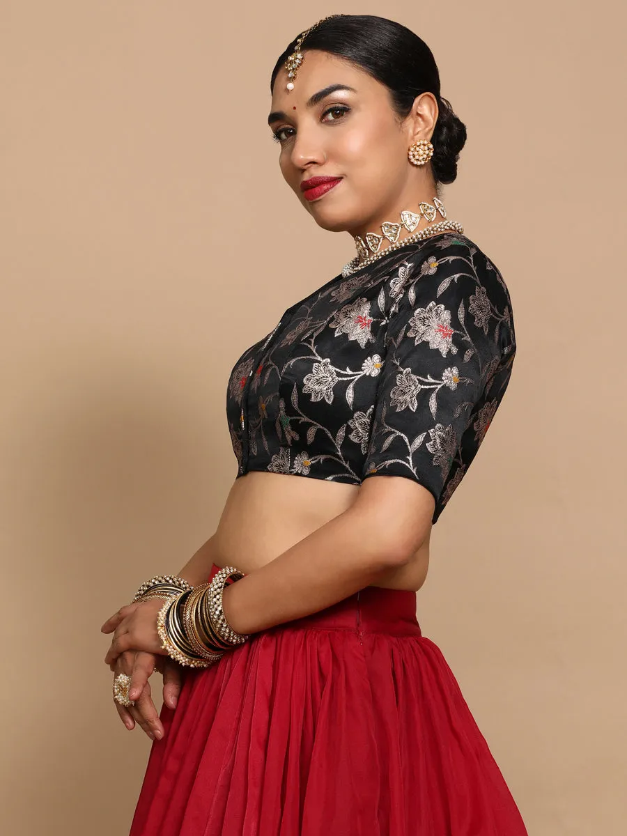 Vani x Tyohaar | Elbow Sleeves Satin Viscose Saree Blouse in Black Meenakari Fabric