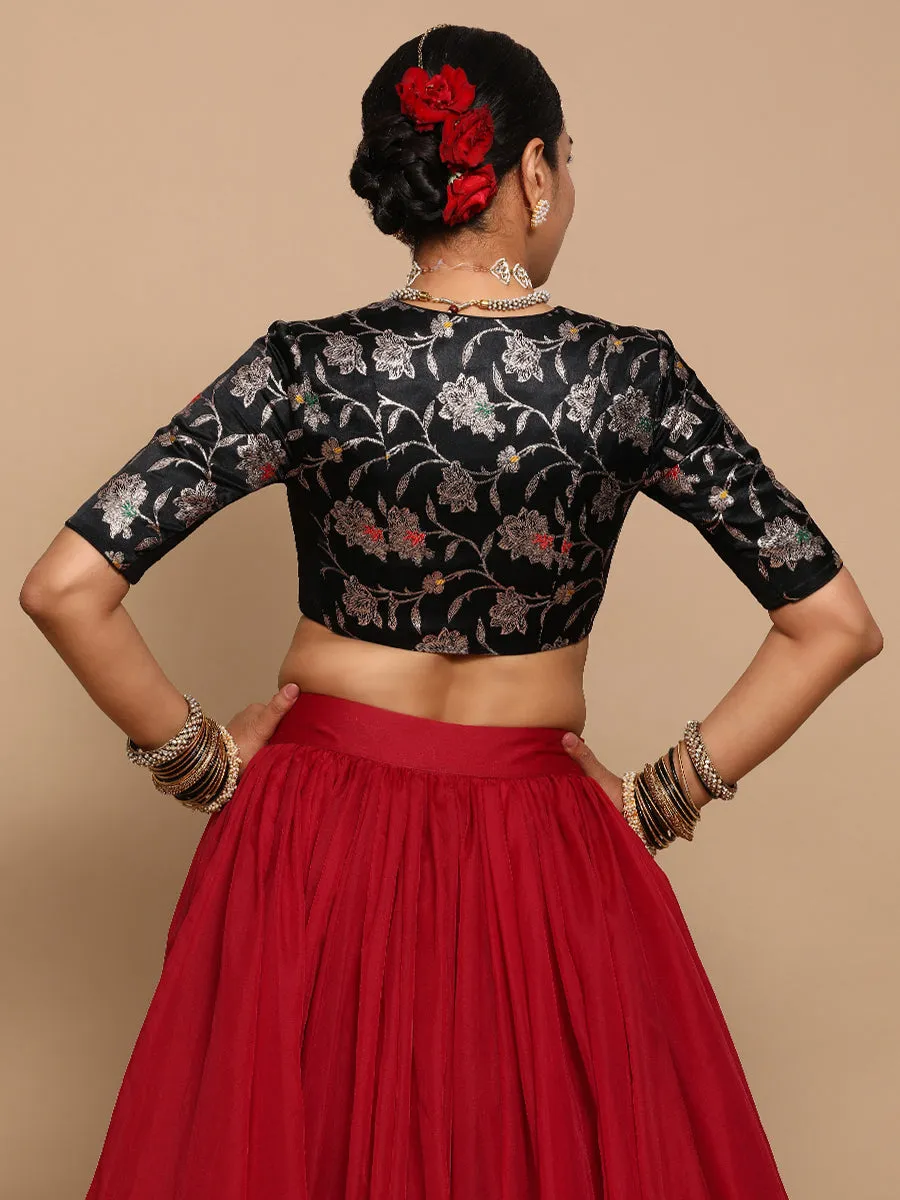 Vani x Tyohaar | Elbow Sleeves Satin Viscose Saree Blouse in Black Meenakari Fabric