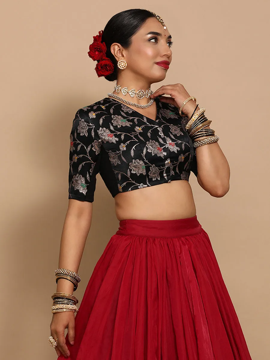 Vani x Tyohaar | Elbow Sleeves Satin Viscose Saree Blouse in Black Meenakari Fabric