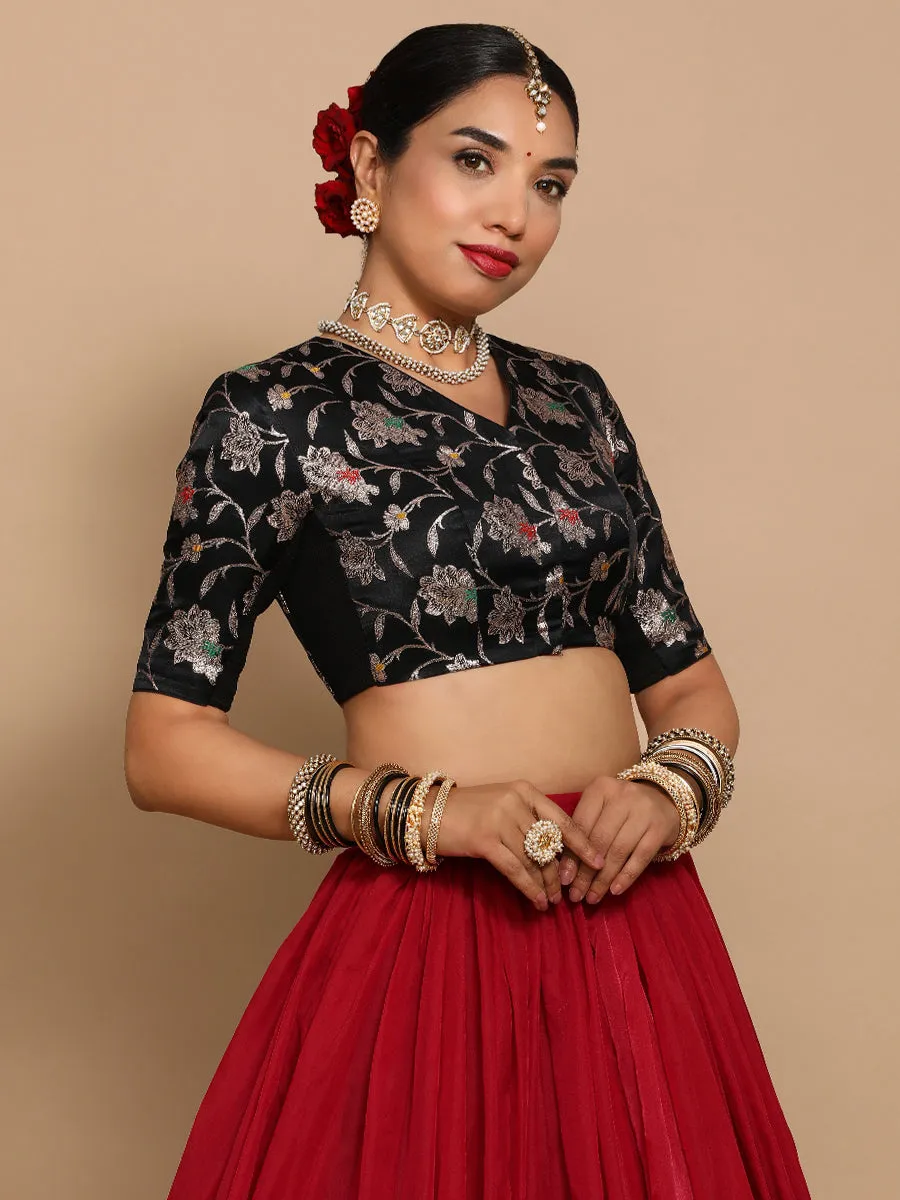 Vani x Tyohaar | Elbow Sleeves Satin Viscose Saree Blouse in Black Meenakari Fabric