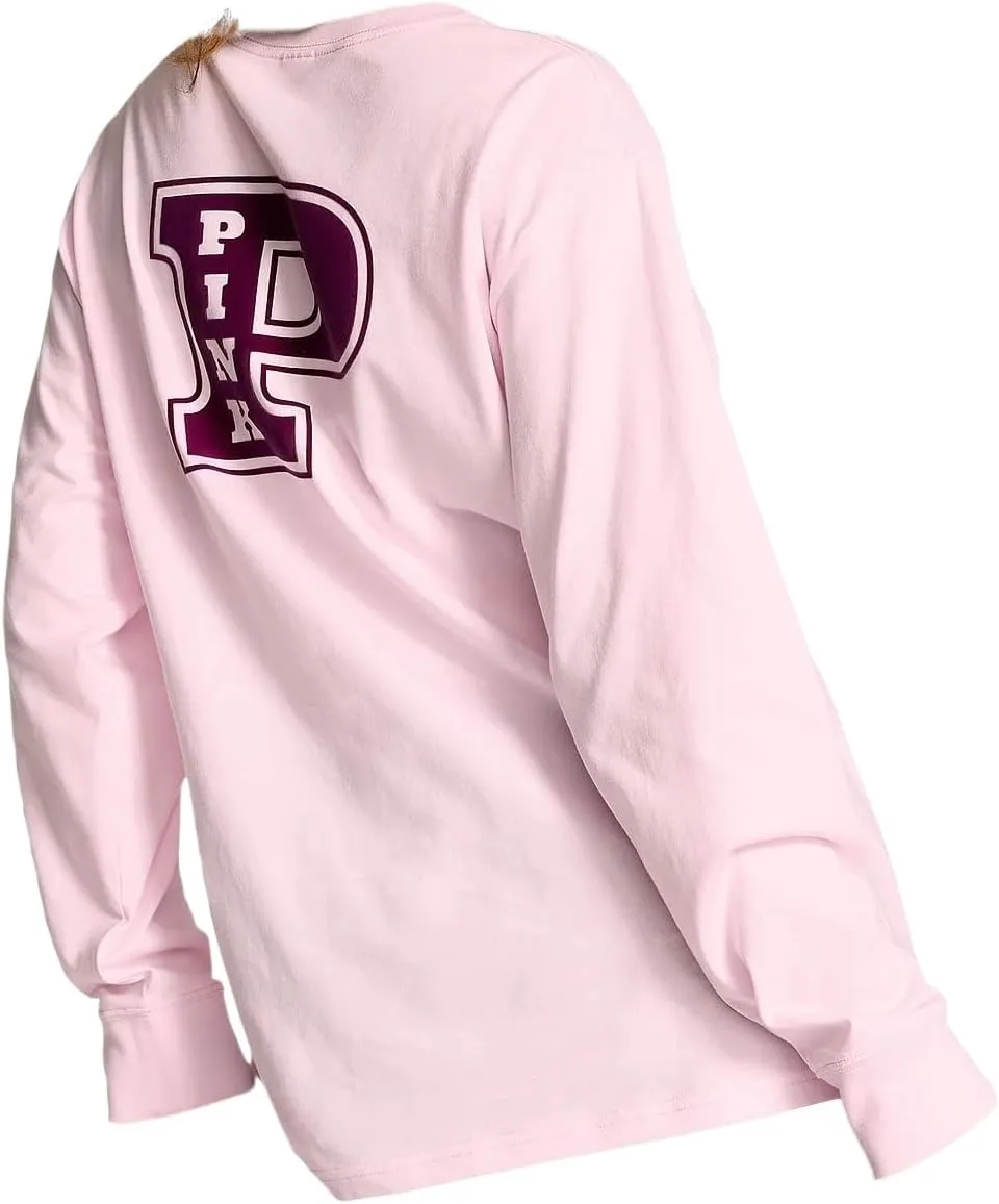 Victoria's Secret Pink Cotton Campus Long Sleeve Oversize Crew Neck Tee Color Light Pink New