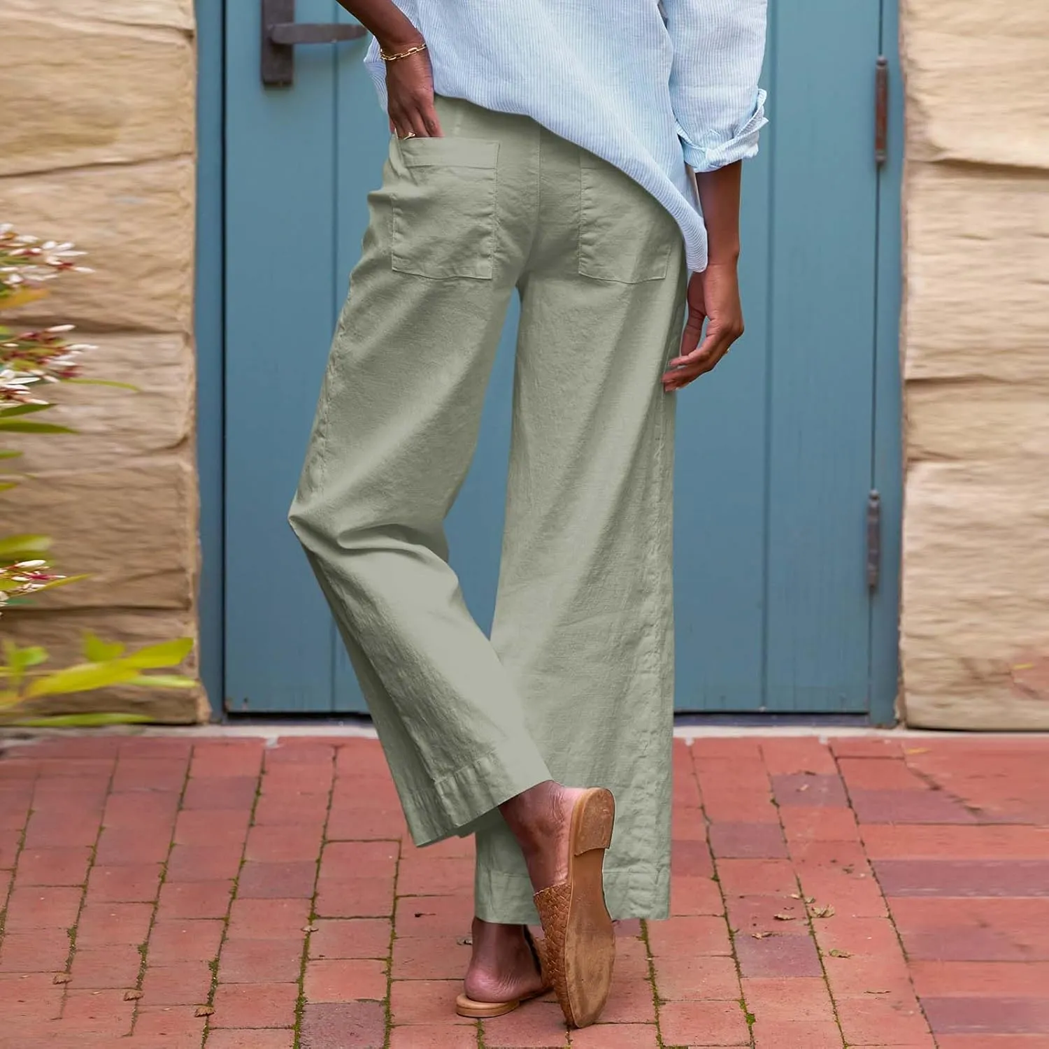 Wide Leg Cropped Linen Pants for Women Loose Dressy Casual Office Pants with Pockets Comfy High Waisted Capri Pants