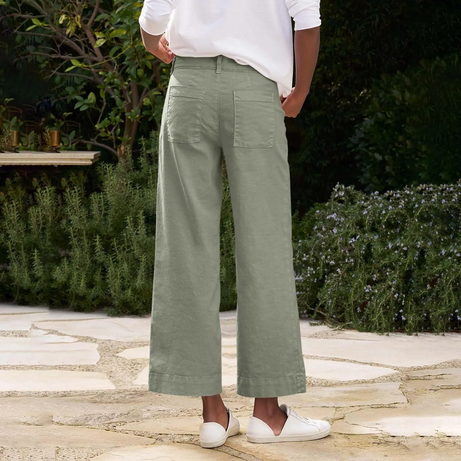 Wide Leg Cropped Linen Pants for Women Loose Dressy Casual Office Pants with Pockets Comfy High Waisted Capri Pants