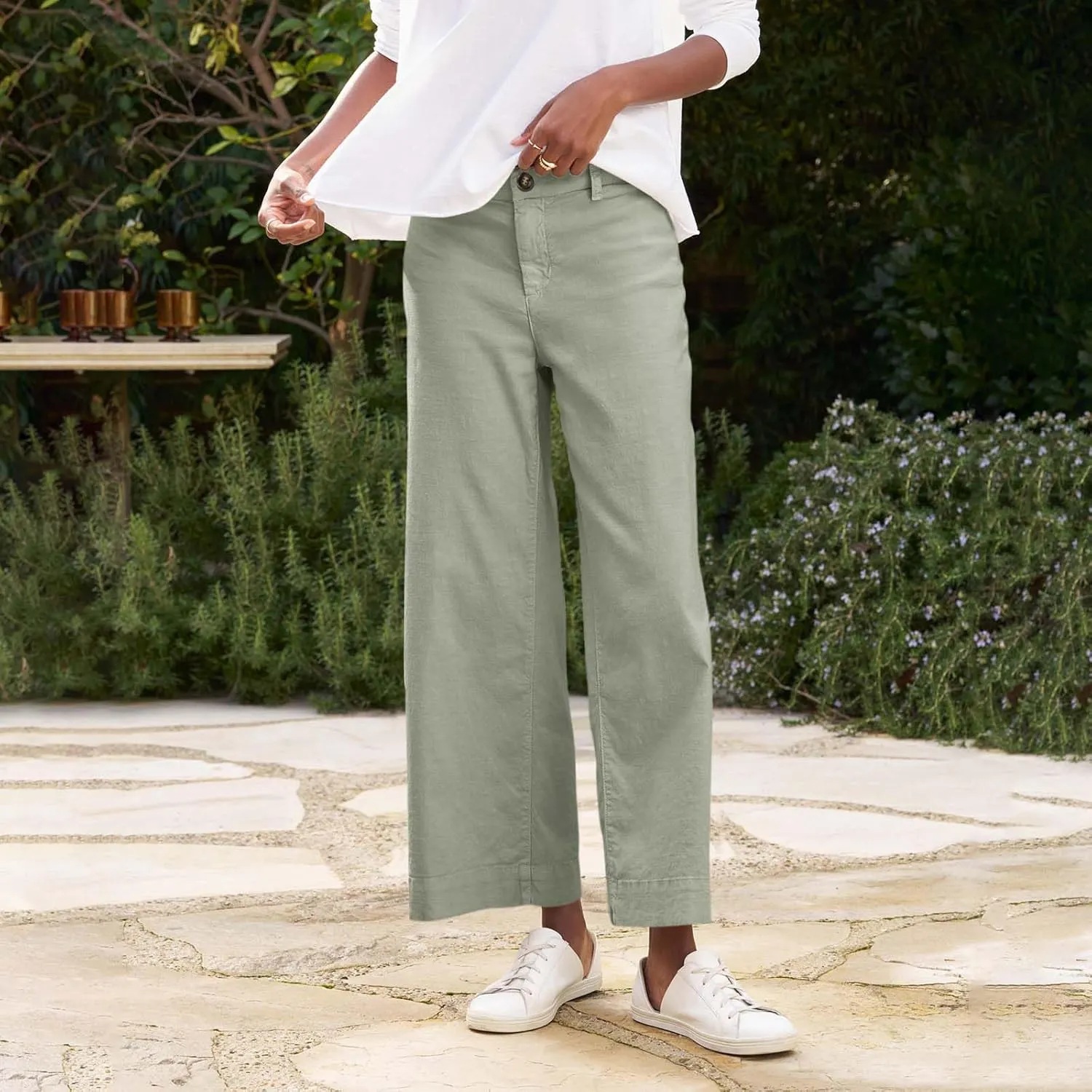 Wide Leg Cropped Linen Pants for Women Loose Dressy Casual Office Pants with Pockets Comfy High Waisted Capri Pants