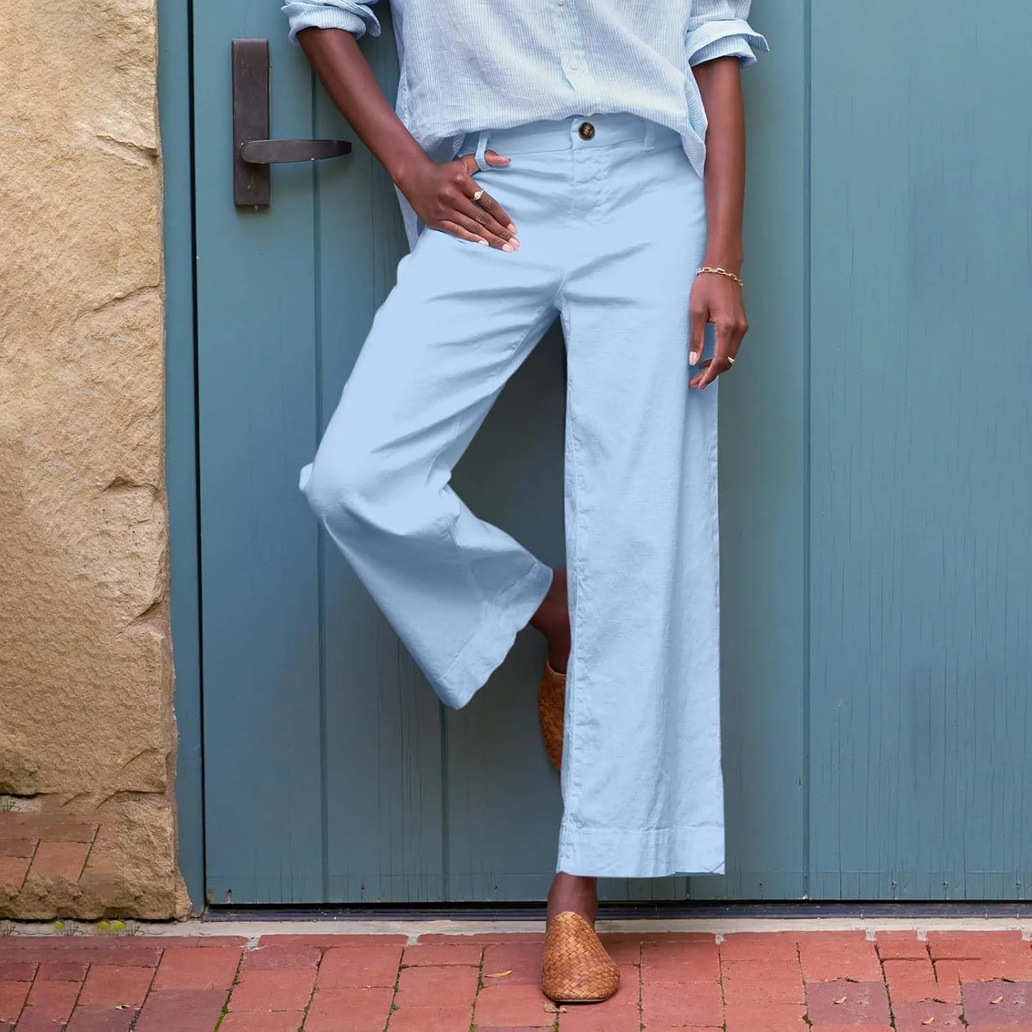 Wide Leg Cropped Linen Pants for Women Loose Dressy Casual Office Pants with Pockets Comfy High Waisted Capri Pants