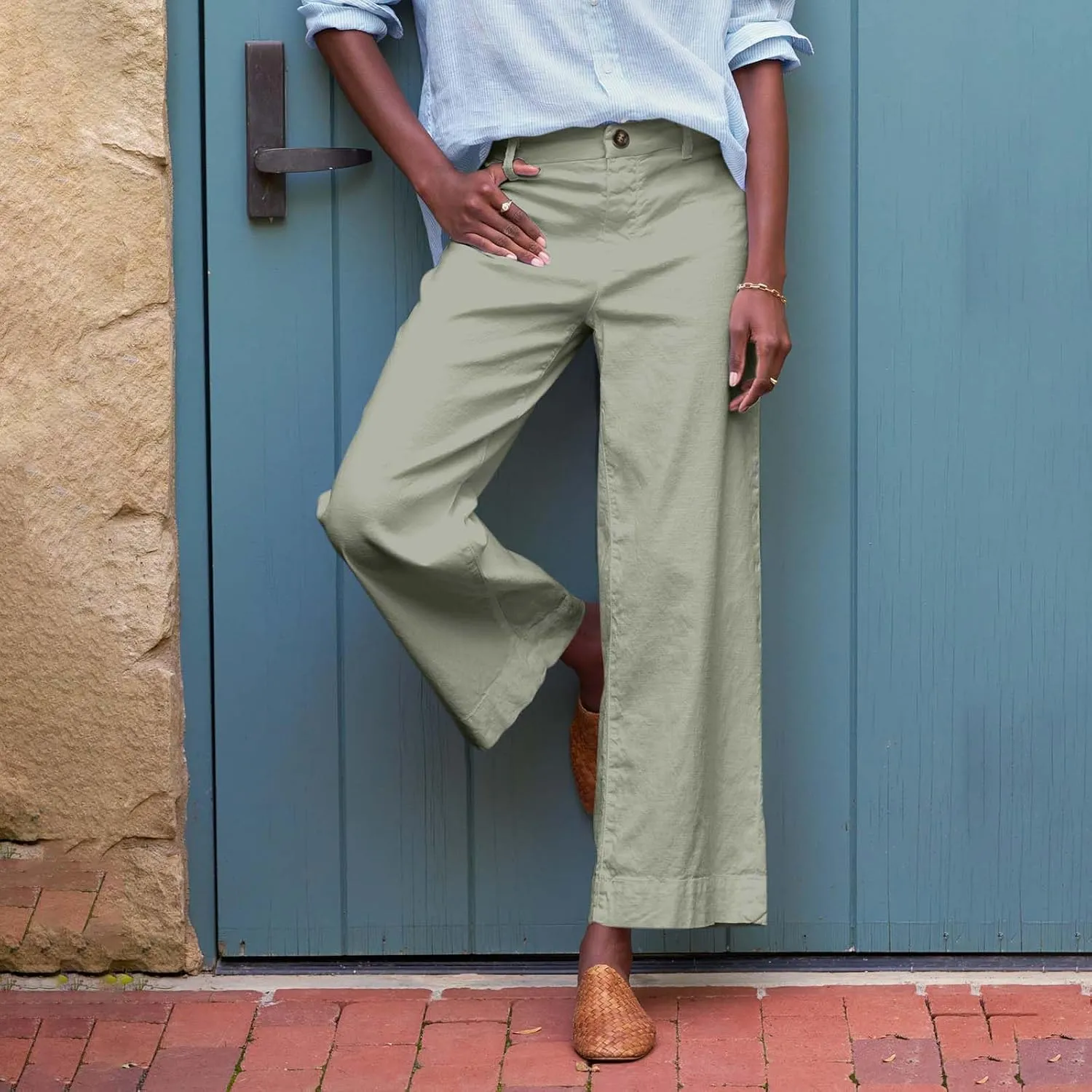 Wide Leg Cropped Linen Pants for Women Loose Dressy Casual Office Pants with Pockets Comfy High Waisted Capri Pants