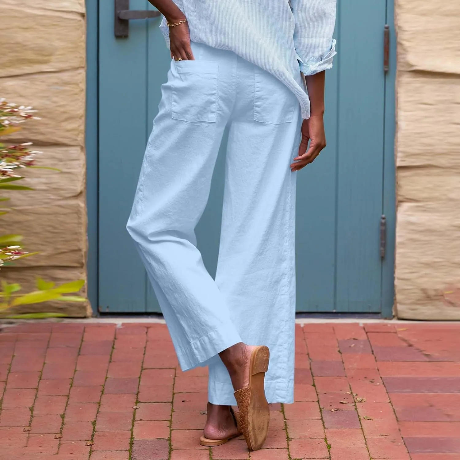Wide Leg Cropped Linen Pants for Women Loose Dressy Casual Office Pants with Pockets Comfy High Waisted Capri Pants