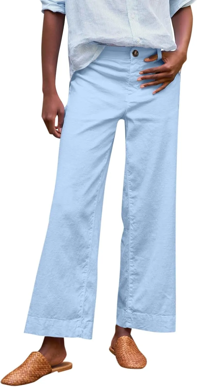 Wide Leg Cropped Linen Pants for Women Loose Dressy Casual Office Pants with Pockets Comfy High Waisted Capri Pants