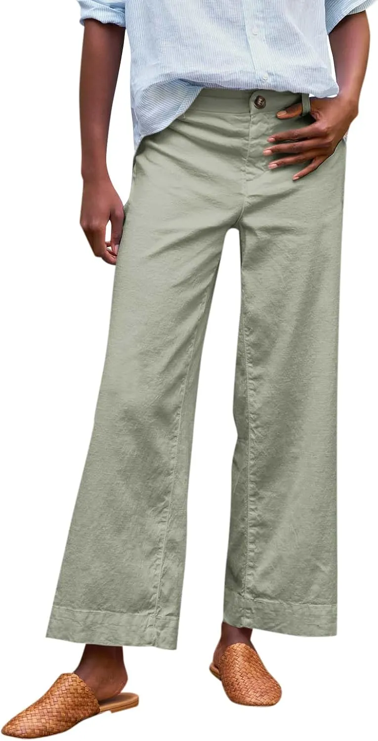 Wide Leg Cropped Linen Pants for Women Loose Dressy Casual Office Pants with Pockets Comfy High Waisted Capri Pants