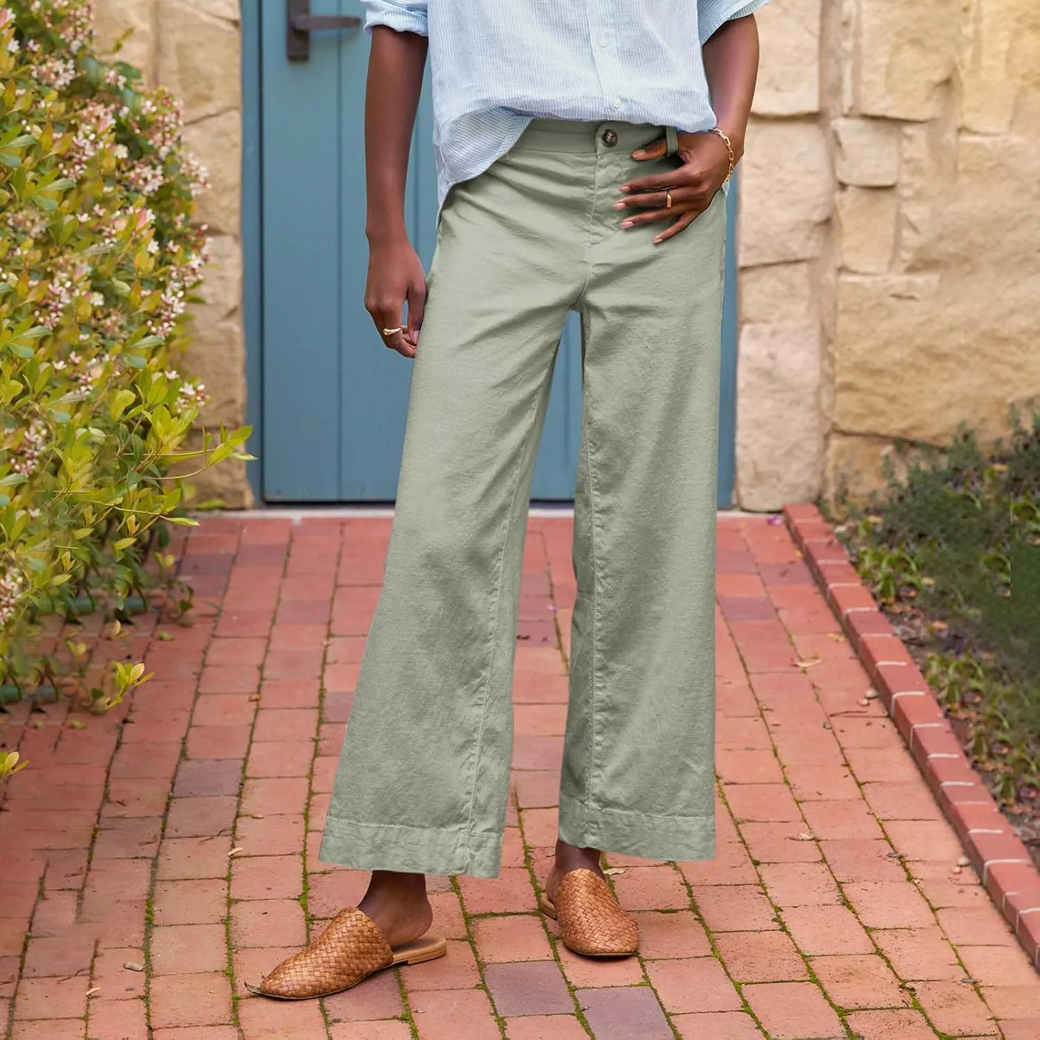 Wide Leg Cropped Linen Pants for Women Loose Dressy Casual Office Pants with Pockets Comfy High Waisted Capri Pants
