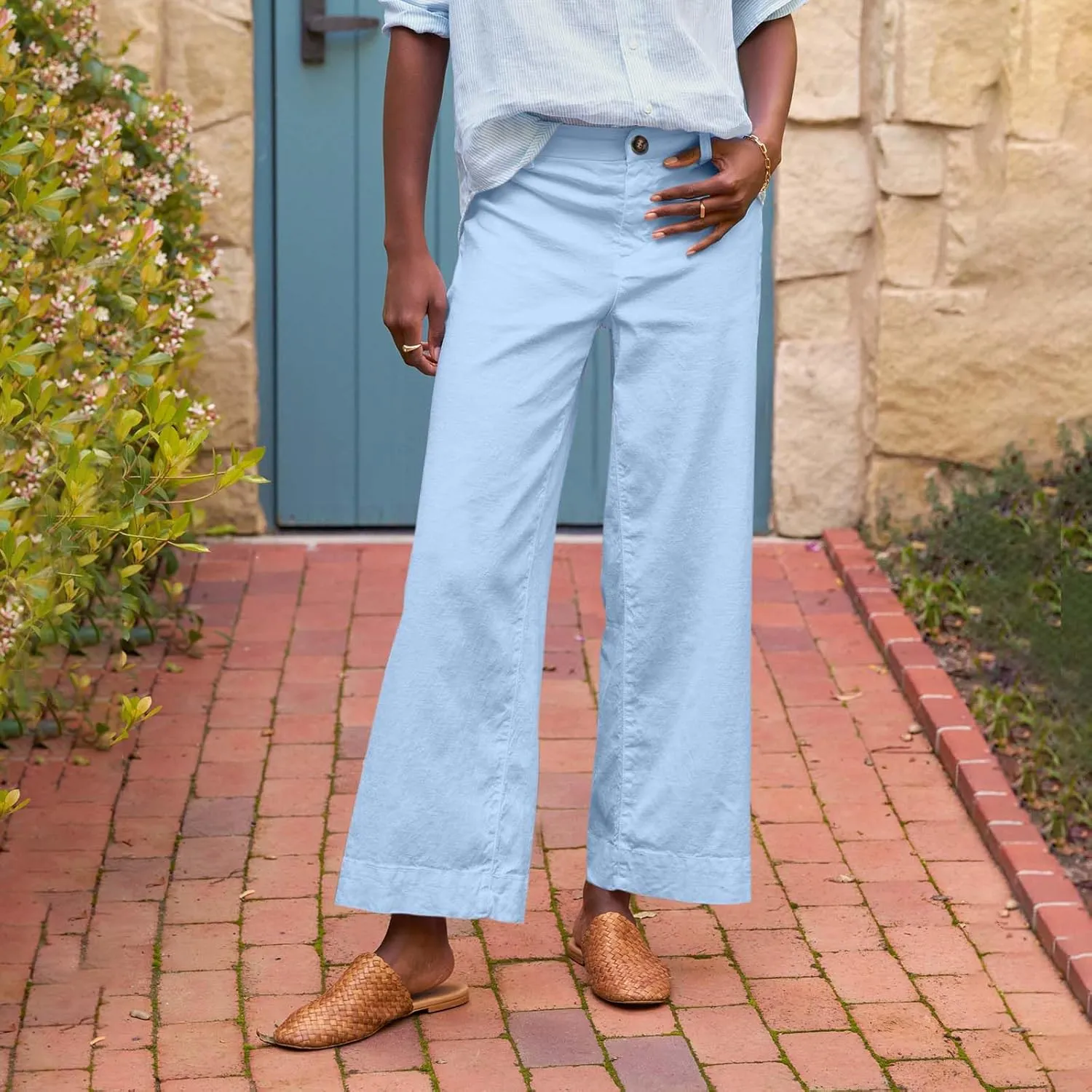 Wide Leg Cropped Linen Pants for Women Loose Dressy Casual Office Pants with Pockets Comfy High Waisted Capri Pants