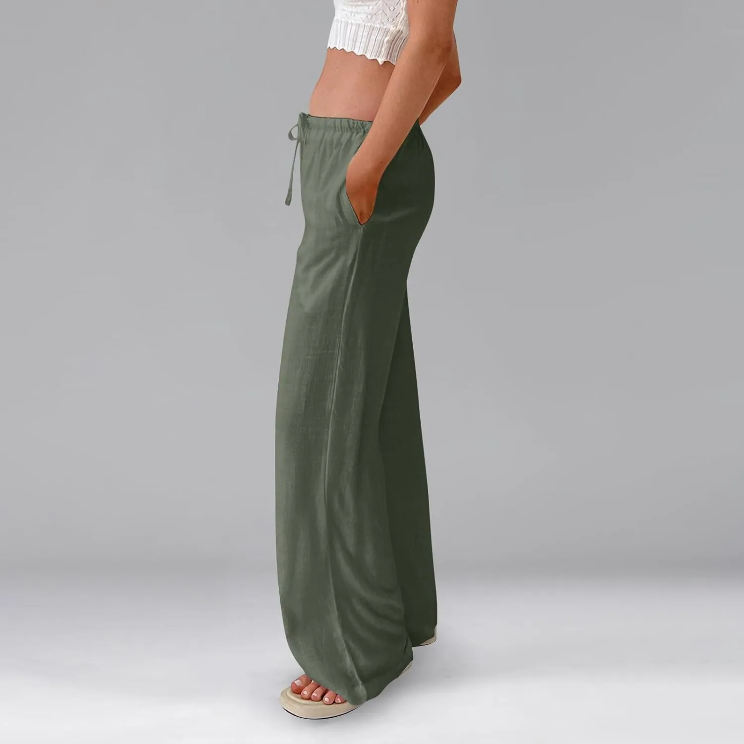 Wide Leg Linen Pants for Women High Waisted Palazzo Pants Casual Summer Trousers Pants Loose Lounge Pants with Pockets
