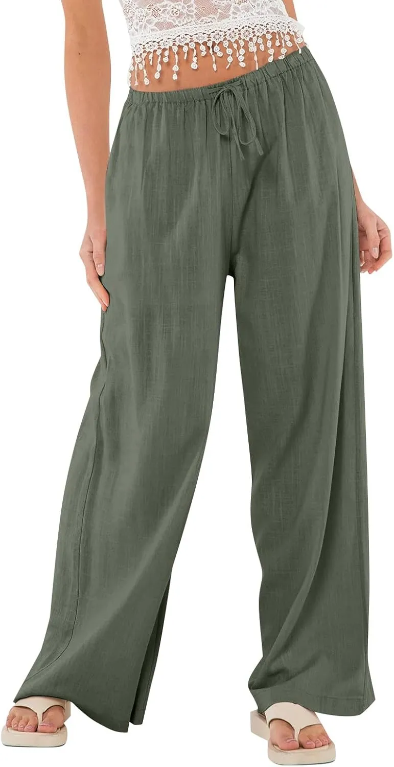 Wide Leg Linen Pants for Women High Waisted Palazzo Pants Casual Summer Trousers Pants Loose Lounge Pants with Pockets