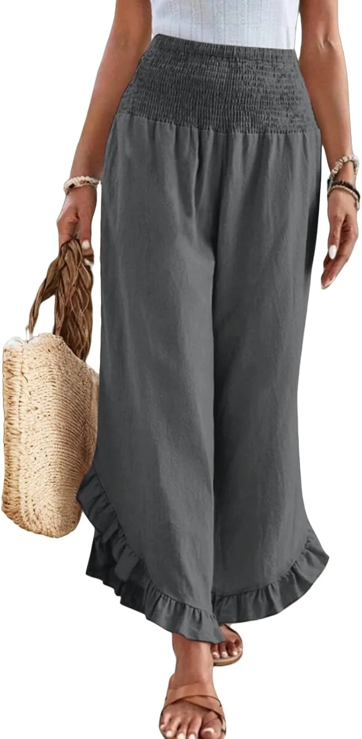 Wide Leg Linen Pants for Women Smocked Elastic Waist Ruffle Hem Holiday Beach Pants with Pockets Summer Palazzo Pants