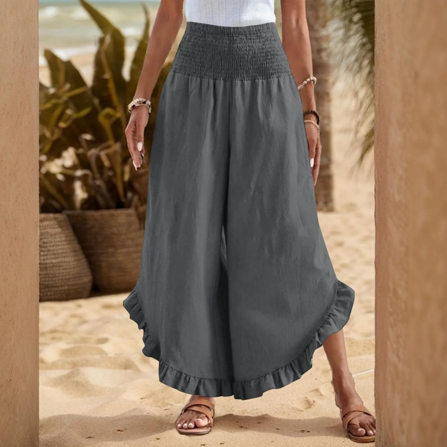 Wide Leg Linen Pants for Women Smocked Elastic Waist Ruffle Hem Holiday Beach Pants with Pockets Summer Palazzo Pants