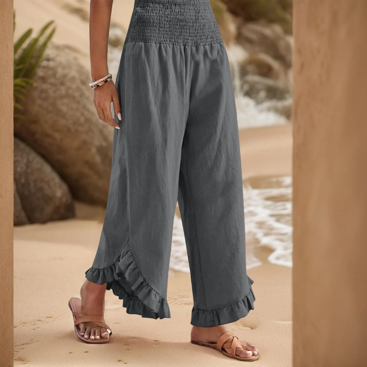 Wide Leg Linen Pants for Women Smocked Elastic Waist Ruffle Hem Holiday Beach Pants with Pockets Summer Palazzo Pants