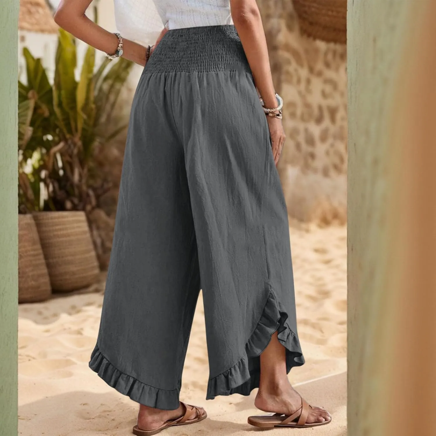 Wide Leg Linen Pants for Women Smocked Elastic Waist Ruffle Hem Holiday Beach Pants with Pockets Summer Palazzo Pants