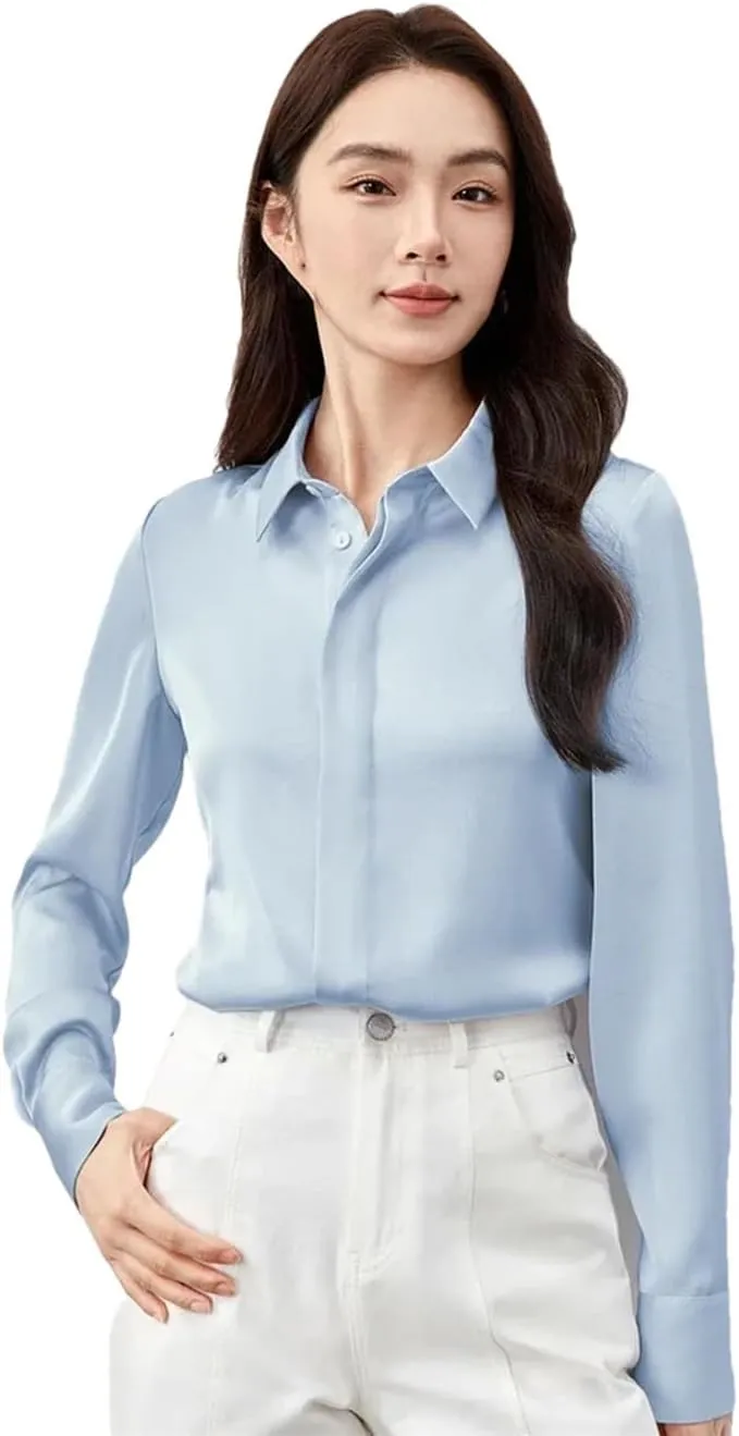 Women Formal Satin Shirt Classic Solid Turn Down Collar Blouse Button Down Work Business Blouse